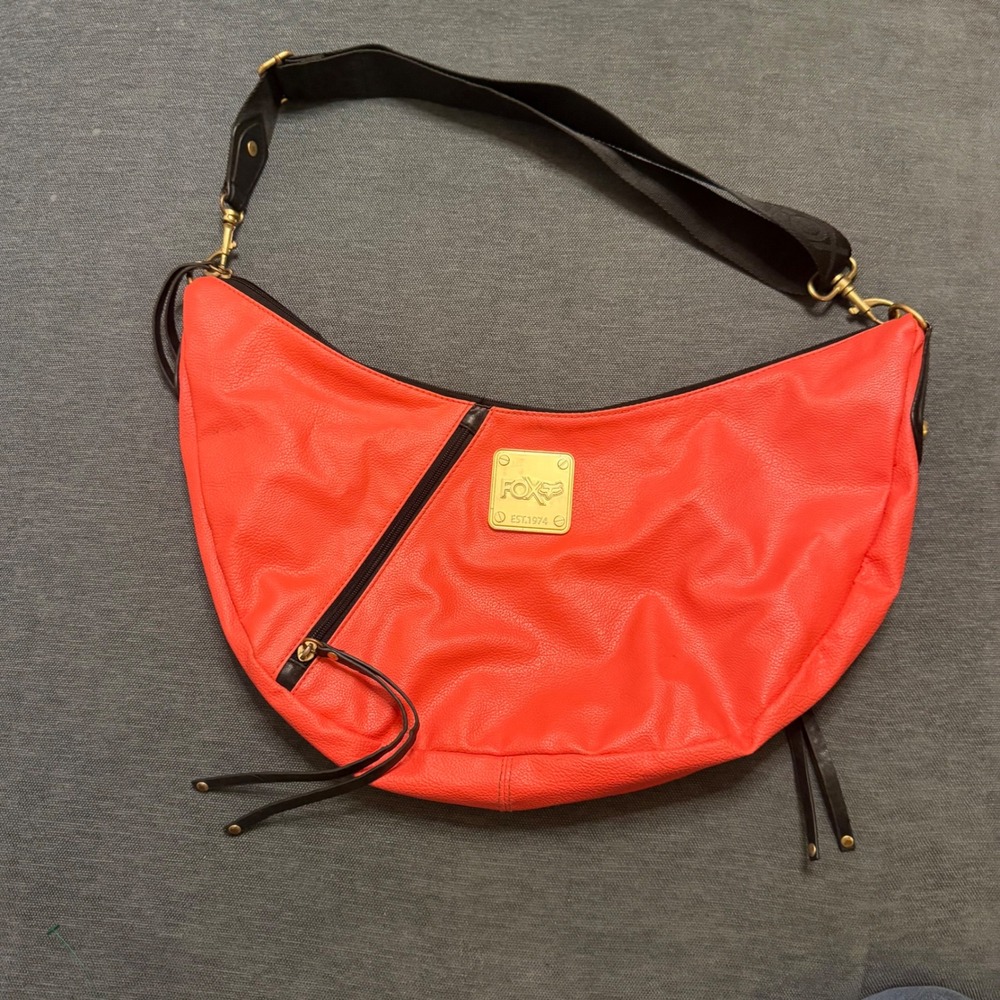 Fox Racing Orange Pebbled Faux‎ Leather Hobo Bag Gold Logo Tassel Shoulder Bag